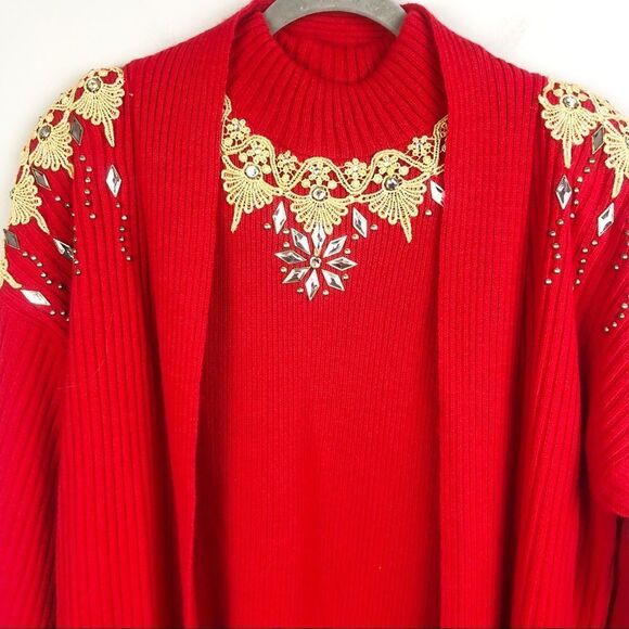 FOCUS USA | Vintage Sweater Set Red Gold Embellished Sleeveless Top & Cardigan - Picture 3 of 12